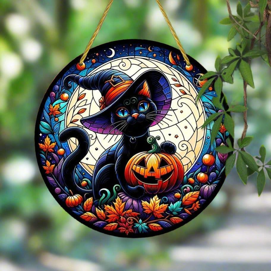 Black Cat Halloween Suncatcher Occult Acrylic Round Sign Gothic Decor-MoonChildWorld