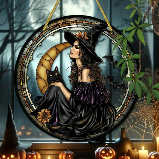 Dark Witch Suncatcher Halloween Gothic Acrylic Round Sign