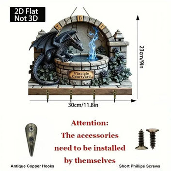 2D Fire Breathing Dragon Wooden Key Holder with Four Metal Hooks