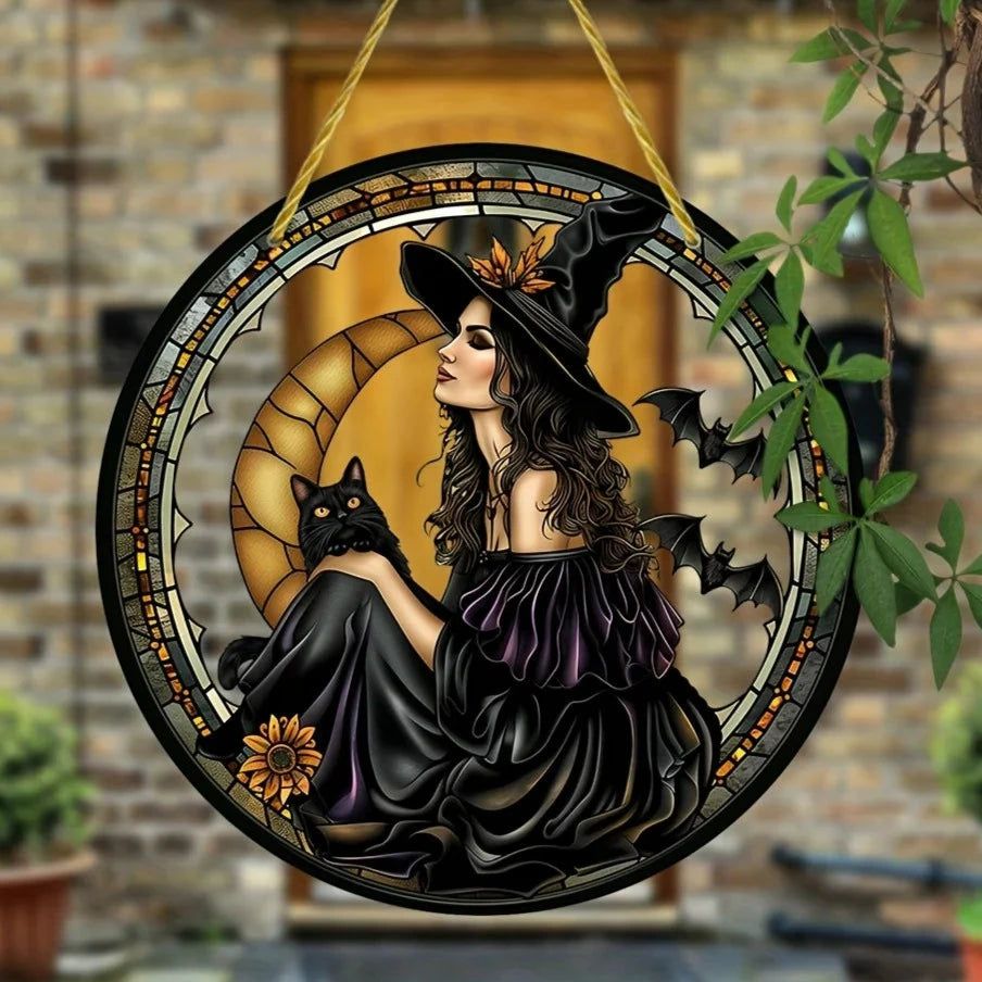 Dark Witch Suncatcher Halloween Gothic Acrylic Round Sign-MoonChildWorld
