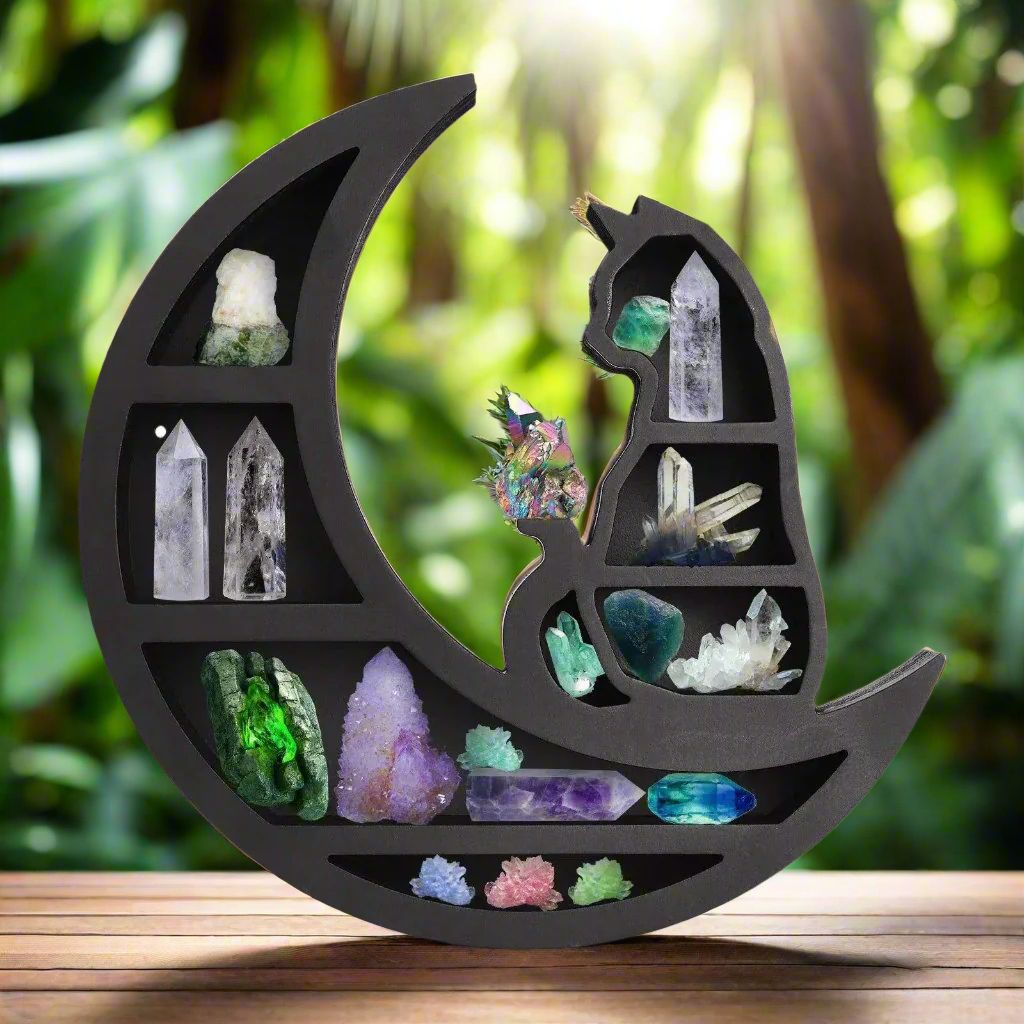 Black Cat Crystal Shelf Witchy Wooden Shelf-MoonChildWorld