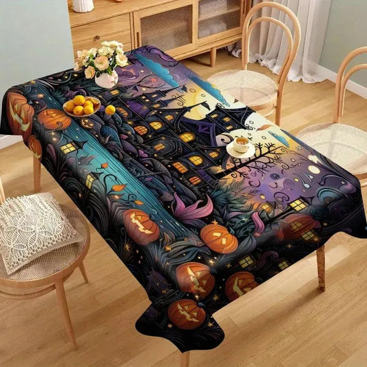 Pumpkin and Gothic Castle Spooky Tablecloth for Witch Halloween Home Decor
