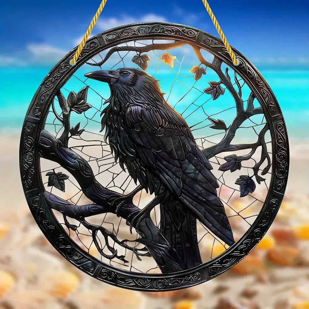 Black Raven Suncatcher Crow Gothic Acrylic Round Sign Halloween Window Hanging Decor-MoonChildWorld
