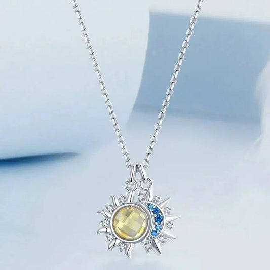 Sun Moon Necklace Blue CZ Yellow Crystal Necklace
