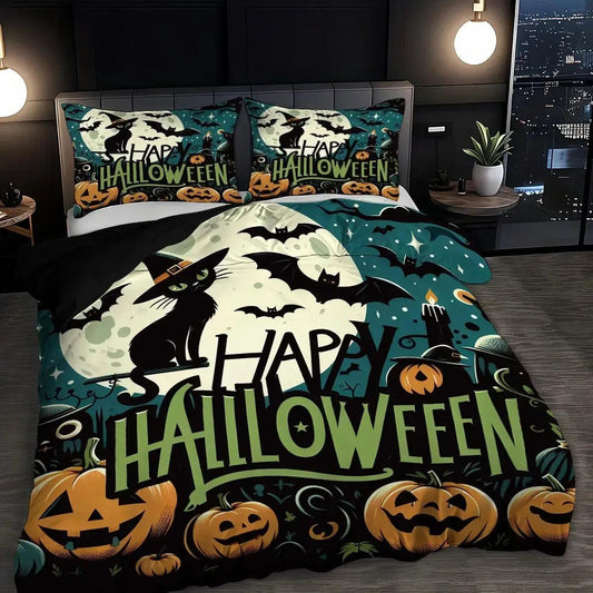 Happy Halloween Bedding Set Gothic Skull and Black Cat Duvet Cover for Witch Home Decor