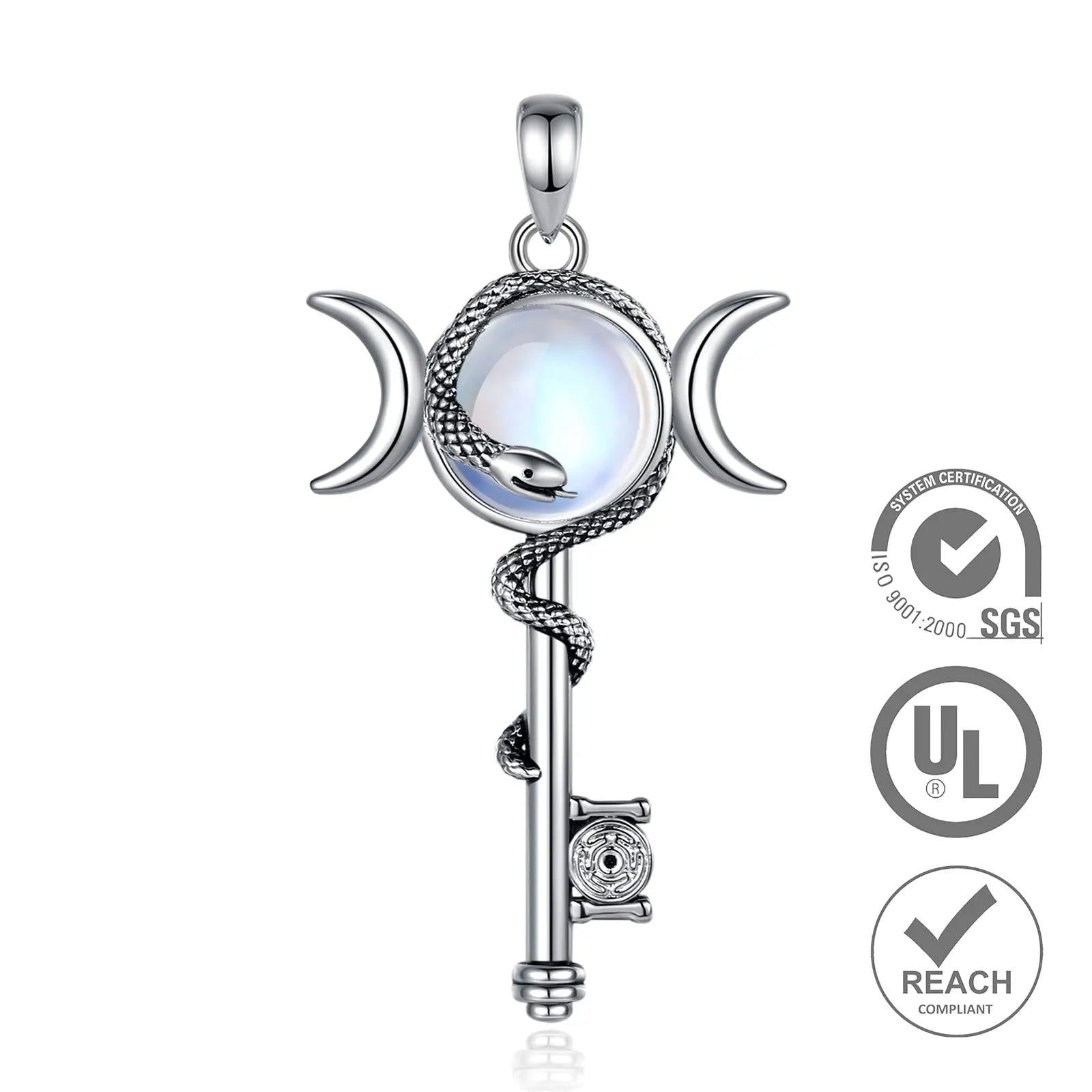 Hecate Triple Moon Goddess Necklace Moonstone Snake Key Wicca Pagan Jewelry-MoonChildWorld