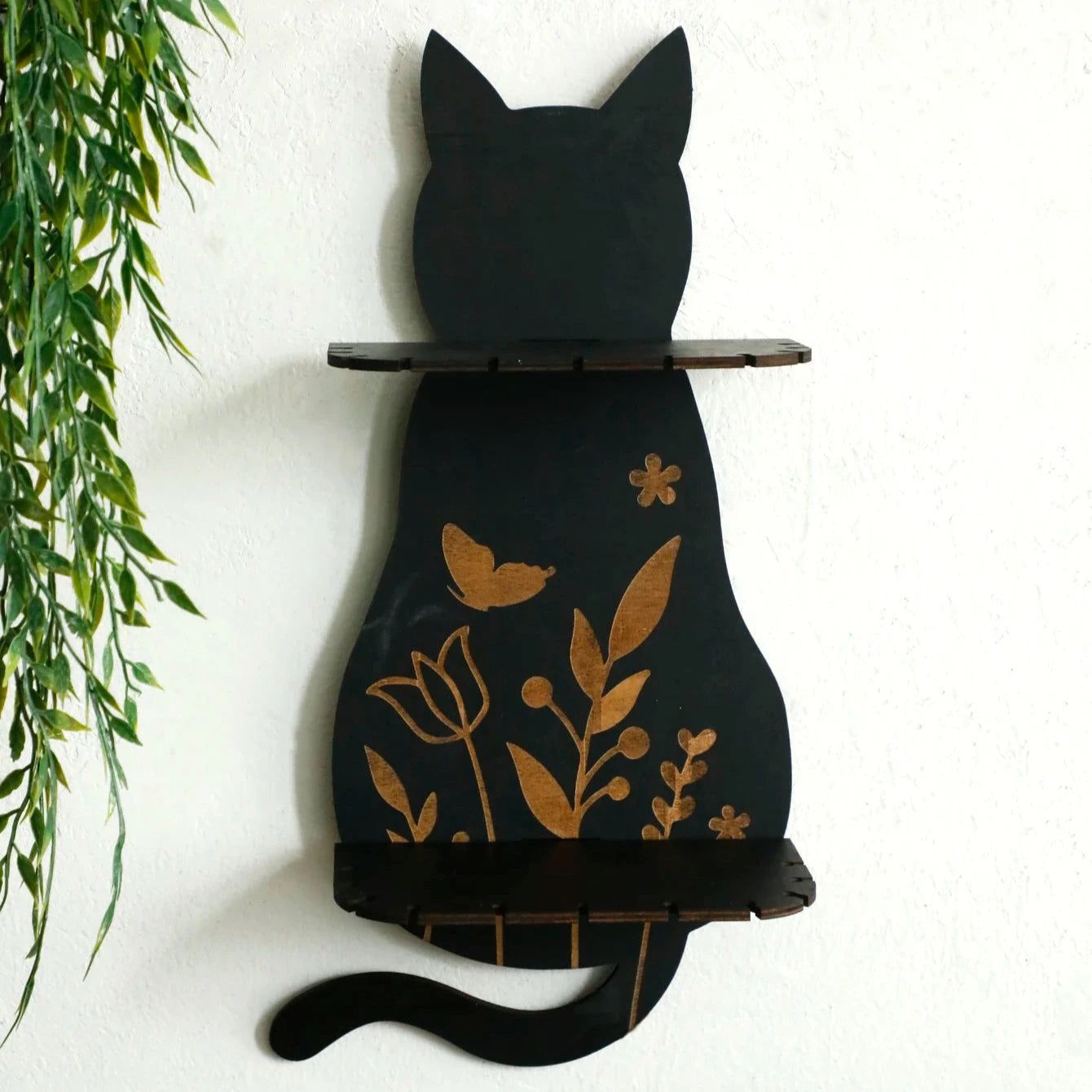 Flower Black cat Crystal Shelf Display Witchy Home Decorations Black Cat Wooden Wall Shelf-MoonChildWorld