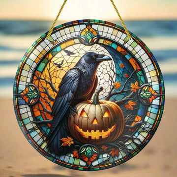 Pumpkin Raven Suncatcher Gothic Crow Acrylic Sign Halloween Decoration-MoonChildWorld