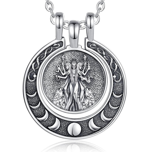 925 Sterling Silver Hecate Triple Moon Goddess Necklace Snake Moon Phases Wicca Pagan Jewelry