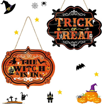 Gothic Plaque Set 2pcs Halloween Wooden Wreath Sign – 'Trick or Treat' Witch Hanging Sign