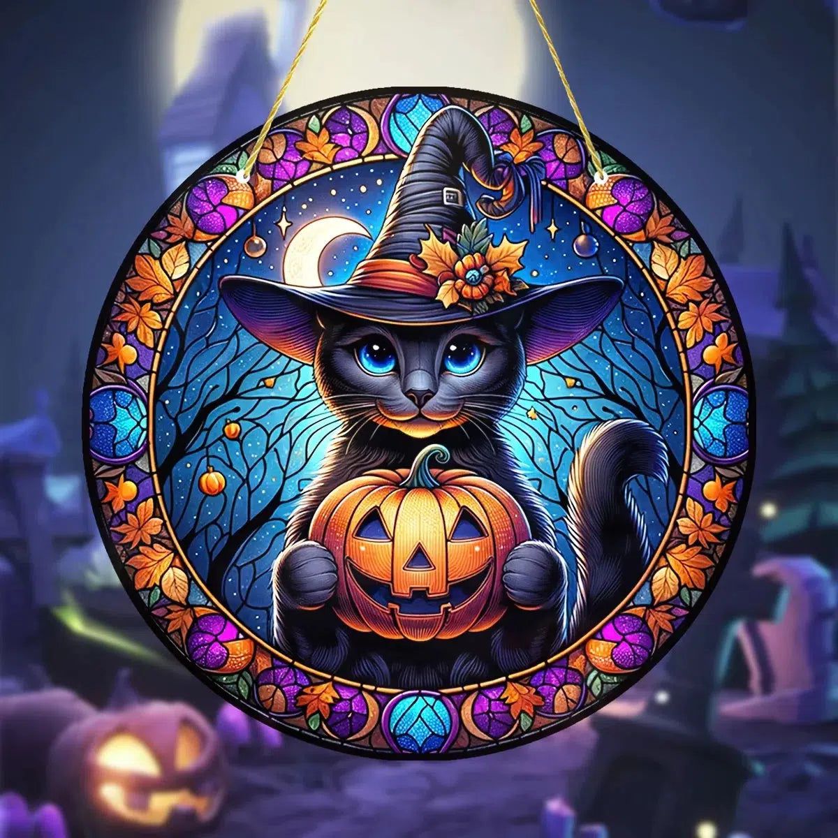 Halloween Cat Suncatcher Pumpkin and Black Cat Hanging Ornament Window Decorations-MoonChildWorld