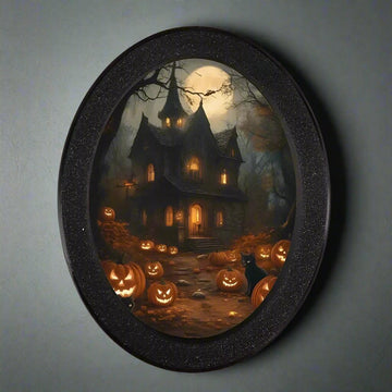 Pumpkin and Gothic Castle Wooden Oval Frame - Spooky Oval Wall Art - Halloween Wall Decoration-MoonChildWorld