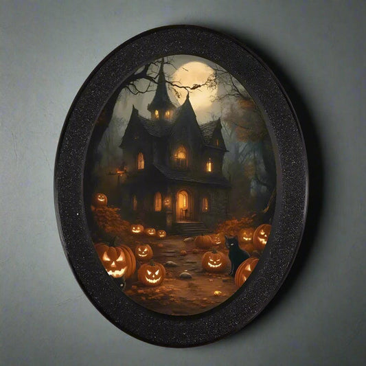 Pumpkin and Gothic Castle Wooden Oval Frame - Spooky Oval Wall Art - Halloween Wall Decoration
