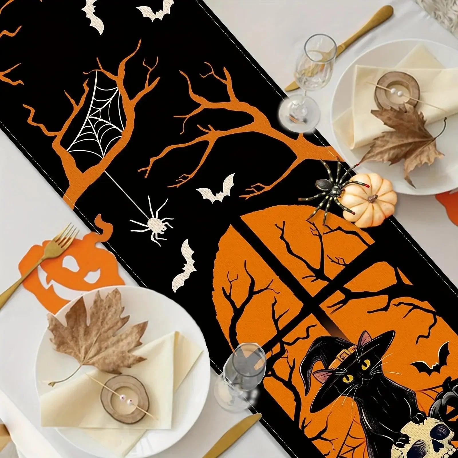Gothic Skull Pumpkin Black Cat Halloween Table Runners - Witchy Spooky Table Decor for Halloween-MoonChildWorld