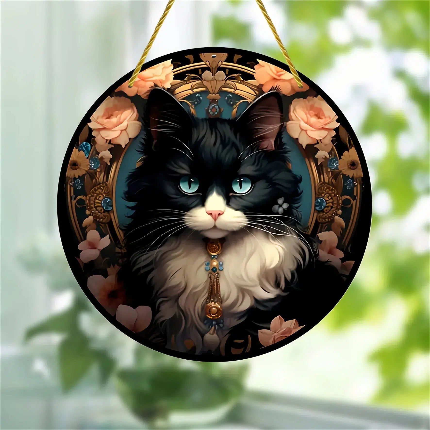 Cute Tuxedo Cat Suncatcher Witchy Cat Acrylic Round Sign-MoonChildWorld