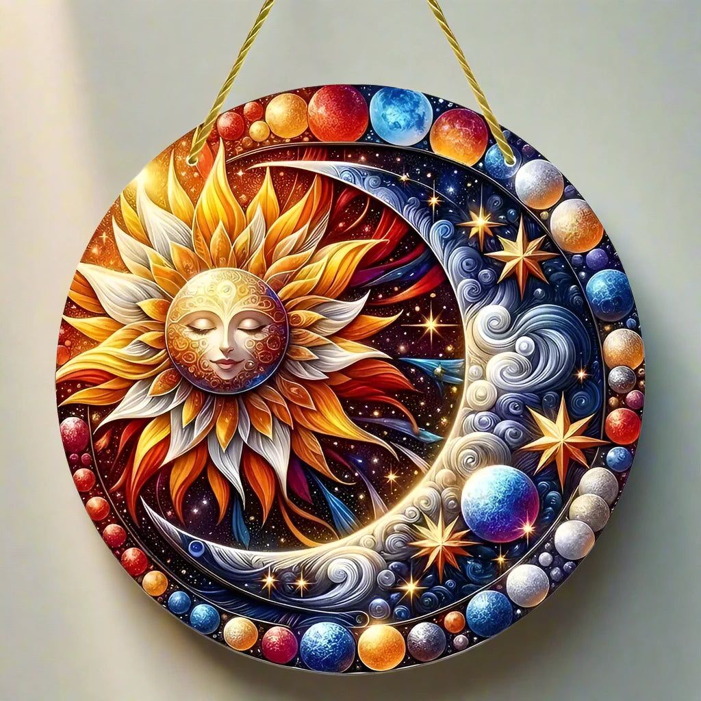 Wicca Sun and Moon Wooden Sign Celestial Goddess Hanging Sign-MoonChildWorld