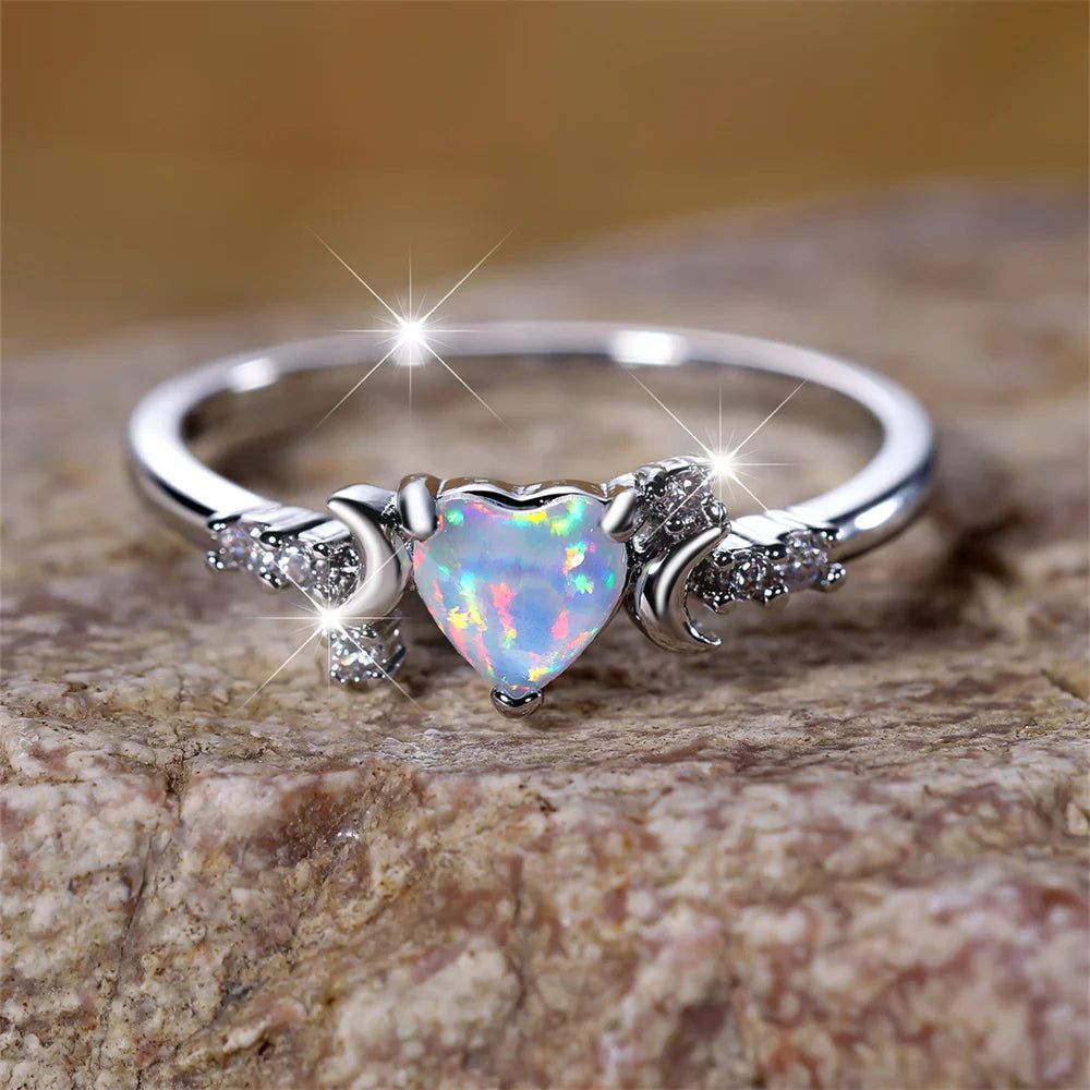 Triple Moon Ring Crystal Heart Moon Wicca Ring-MoonChildWorld