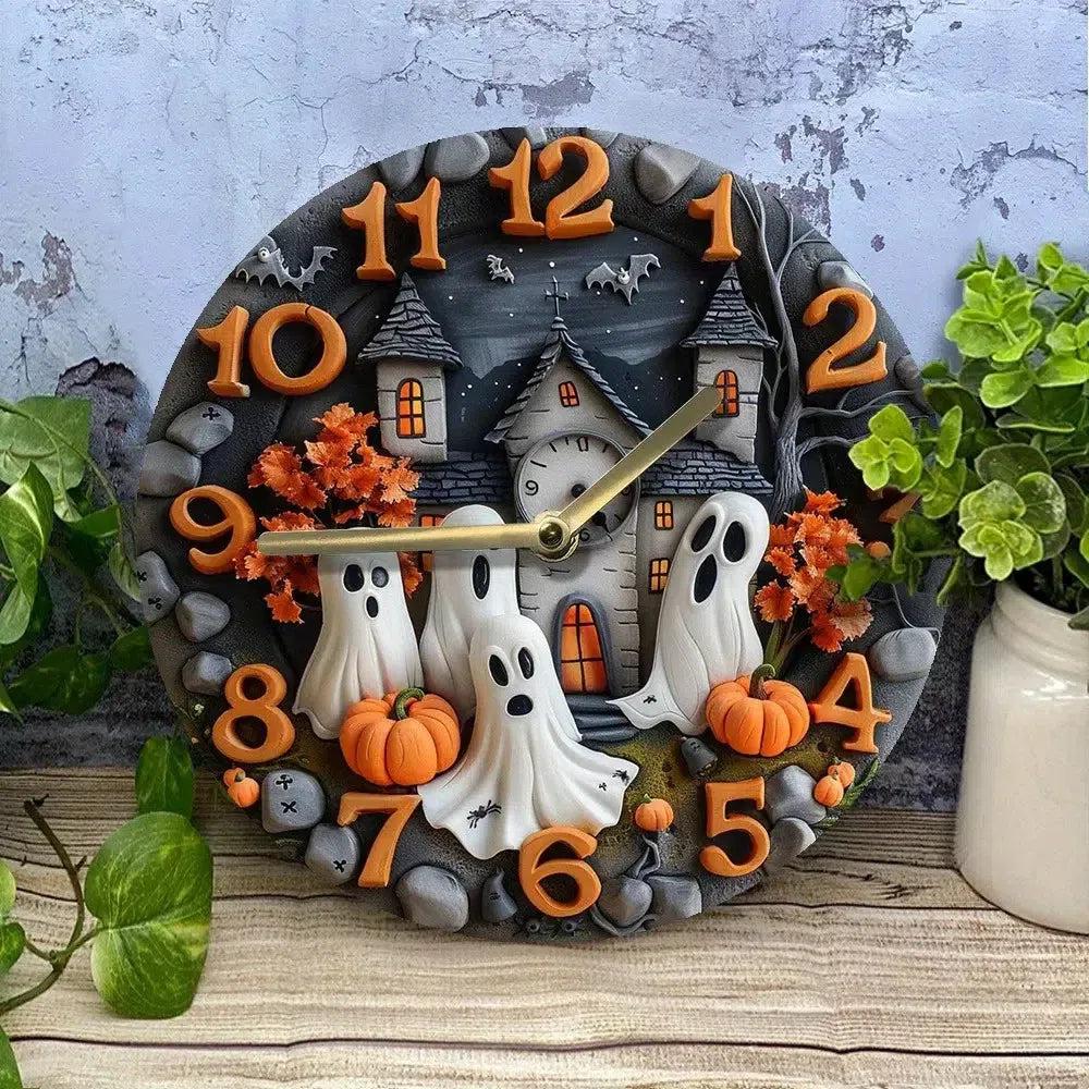 Halloween themed wooden wall clock with ghost, pumpkin designs, perfect for spooky decor-MoonChildWorld