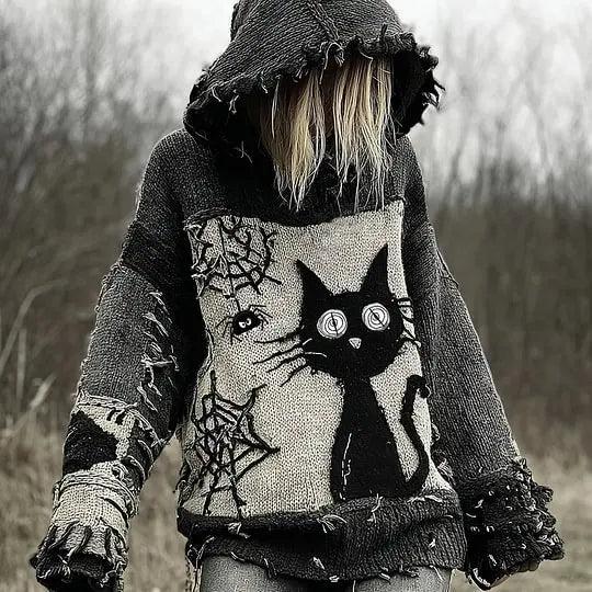 Gothic Halloween Oversized Sweaters Horror Black Cat Sweater O Neck Hooded Pullover-MoonChildWorld