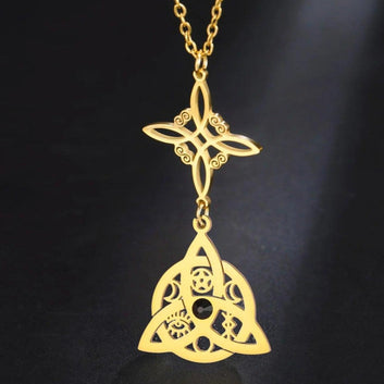 Witch Knot with Black Ziron Necklace Irish Celtic Trinity Witchcraft Pagan Jewelry