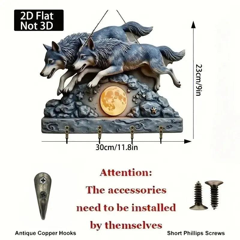 2D Two Wolves Chasing Full Moon Wooden Wooden Key Holder with Four Metal Hooks-MoonChildWorld