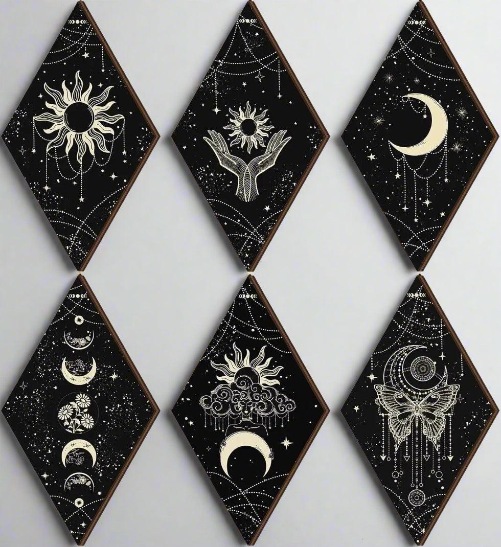 Celestial Moon Phases Wall Decor Set 6pcs - Boho Sun Moon Wooden Hanging Signs for Witchy Home Decor-MoonChildWorld