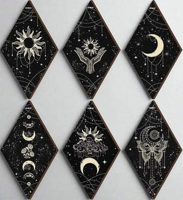 Celestial Moon Phases Wall Decor Set 6pcs - Boho Sun Moon Wooden Hanging Signs for Witchy Home Decor-MoonChildWorld