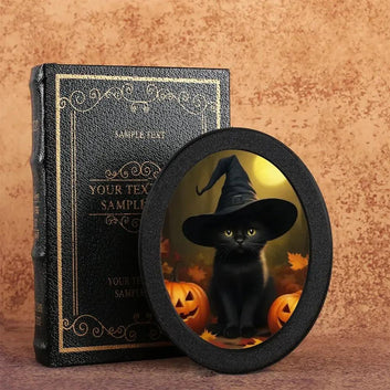 Witchy Black Cat & Pumpkin Spooky Wooden Oval Frame - Gothic Oval Wall Art - Halloween Wall Decoration