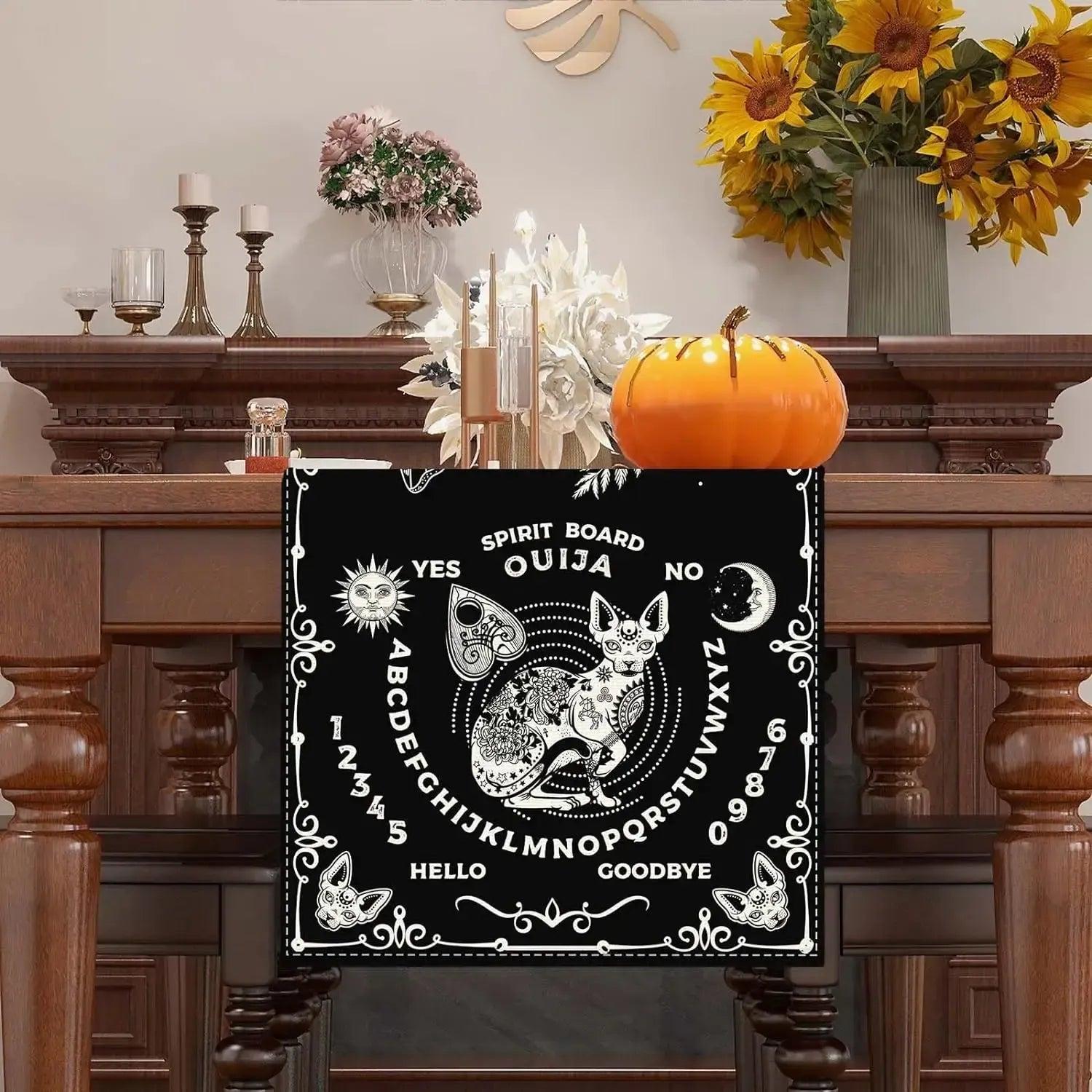 Halloween Witch Ouija Boards Linen Table Runner - Witchy Moth Magic Black Cat Table Runner Gothic Home Decor-MoonChildWorld