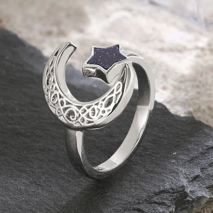 Celestial Blue Sand Stone Sparkling Moon Star Ring Celtic Moon Wiccan Ring-MoonChildWorld