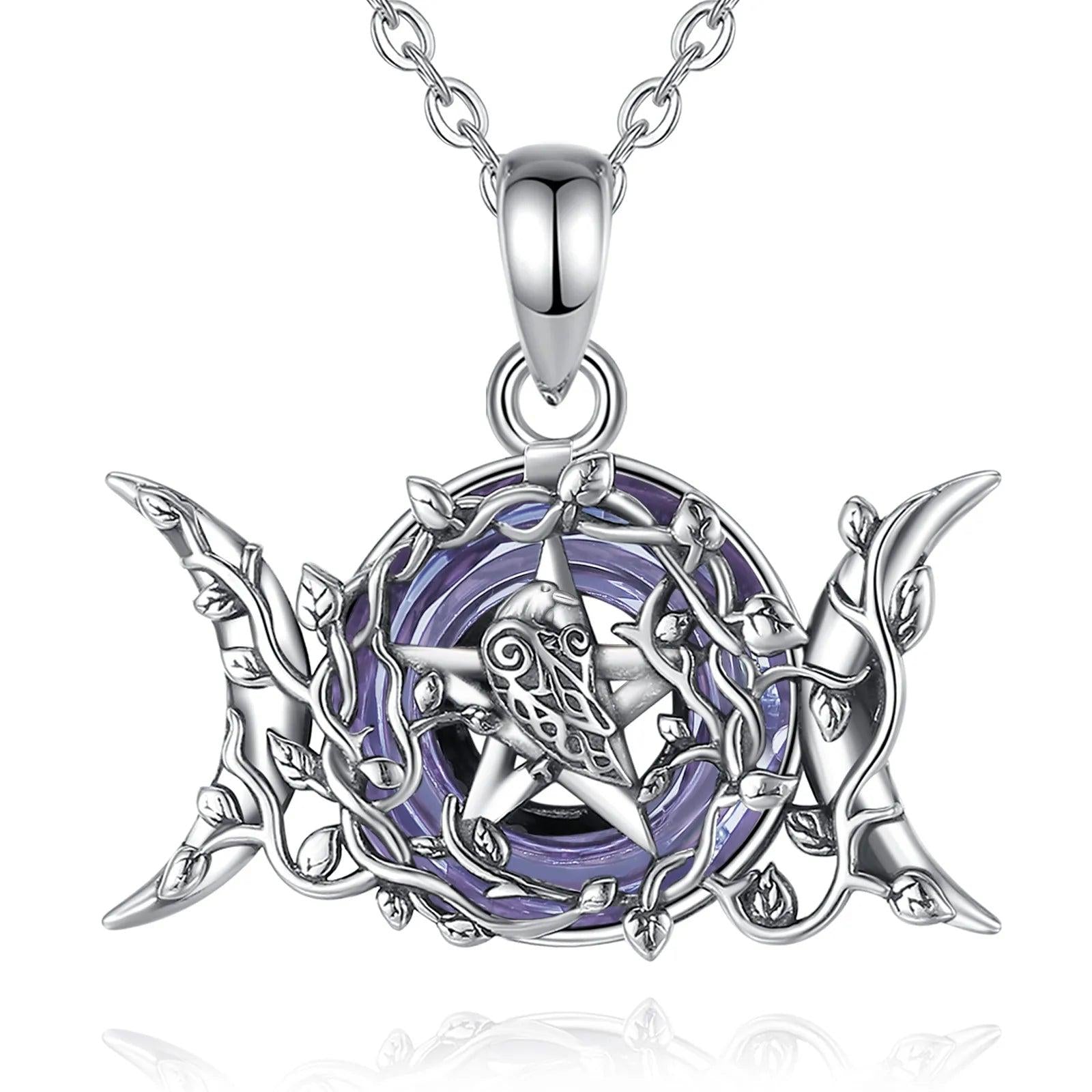 Triple Moon Goddess Necklace Purple Crystal Wiccan Moon Necklace Pagan Jewelry-MoonChildWorld