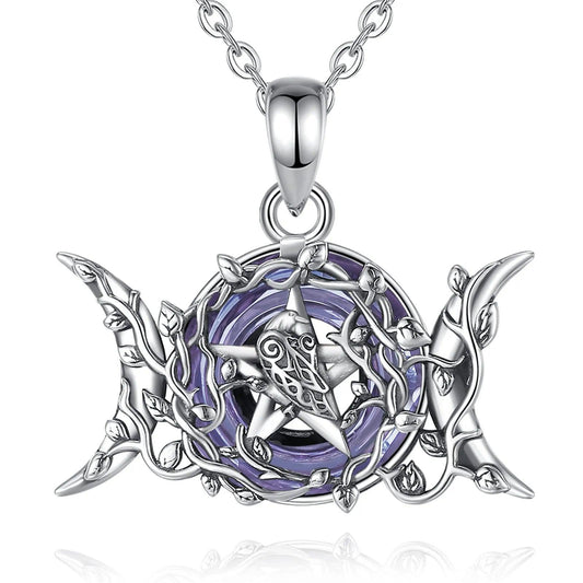 Triple Moon Goddess Necklace Purple Crystal Wiccan Moon Necklace Pagan Jewelry