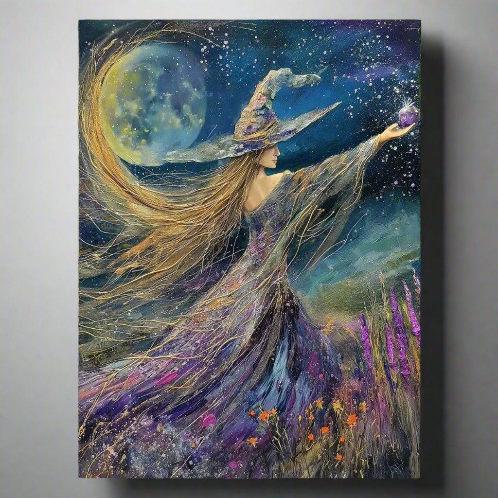 Halloween Full Moon Dark Witch in Wildflowers Mystical Witch Poster Wall Art-MoonChildWorld