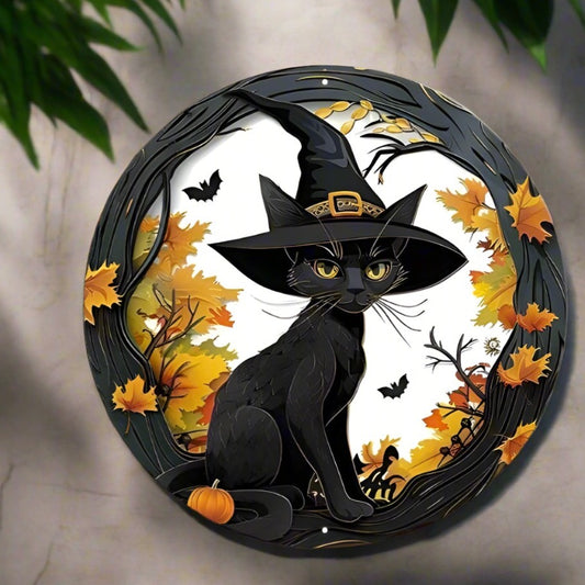 Witchy Black Cat Metal Sign Halloween Decor