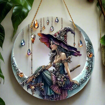 Gothic Witch on the Moon Acrylic Suncatcher Halloween Window Decoration Hanging Ornament