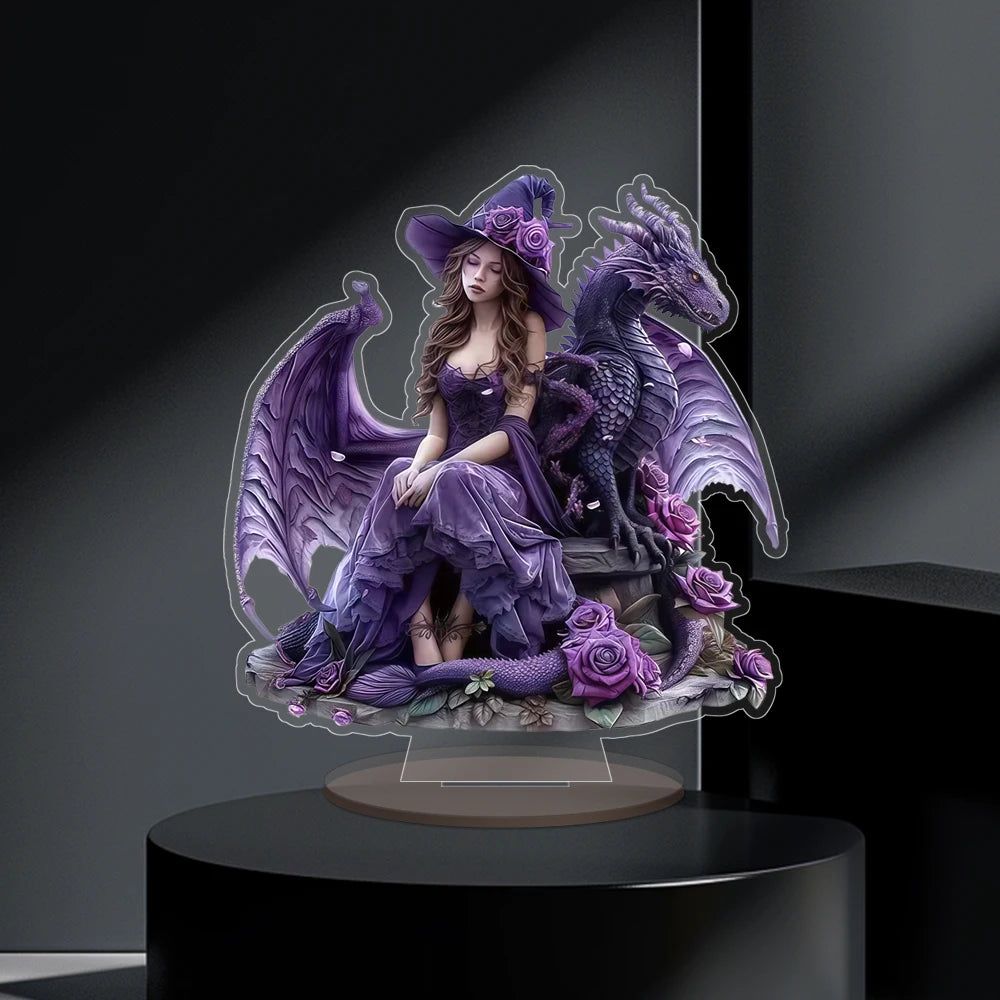 Purple Dragon and Witch Acrylic Decorative Plaque Desktop Decor Witchy Table Ornament-MoonChildWorld