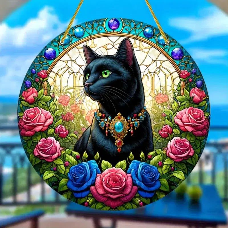 Floral Black Cat Suncatcher Witchy Acrylic Sign-MoonChildWorld