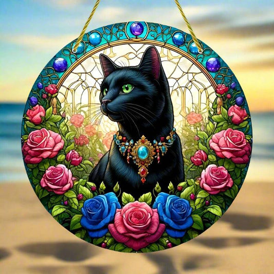 Floral Black Cat Suncatcher Witchy Acrylic Sign