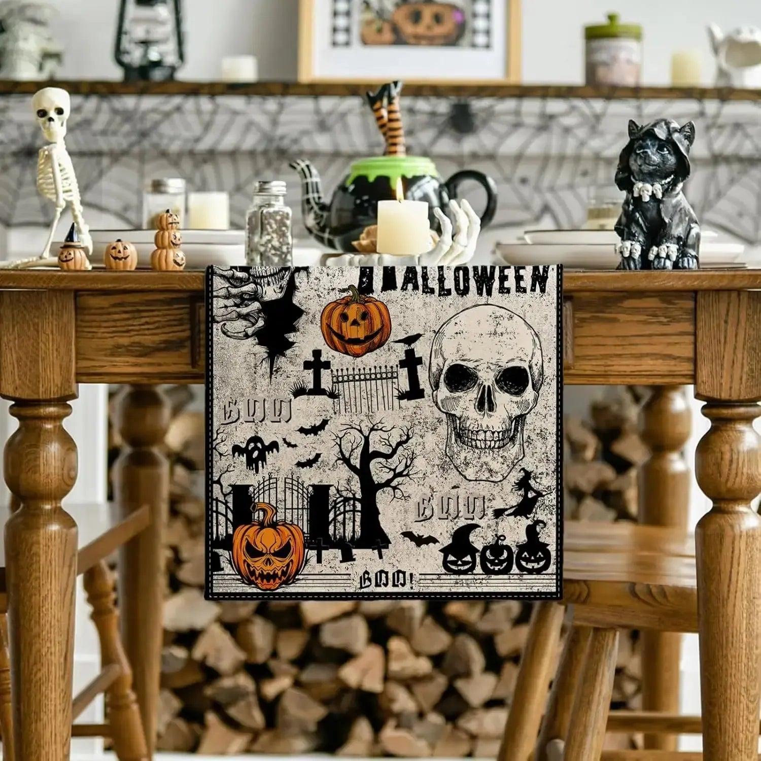 Halloween Gothic Skull Linen Table Runner Witch Table Decor Halloween Decoration-MoonChildWorld