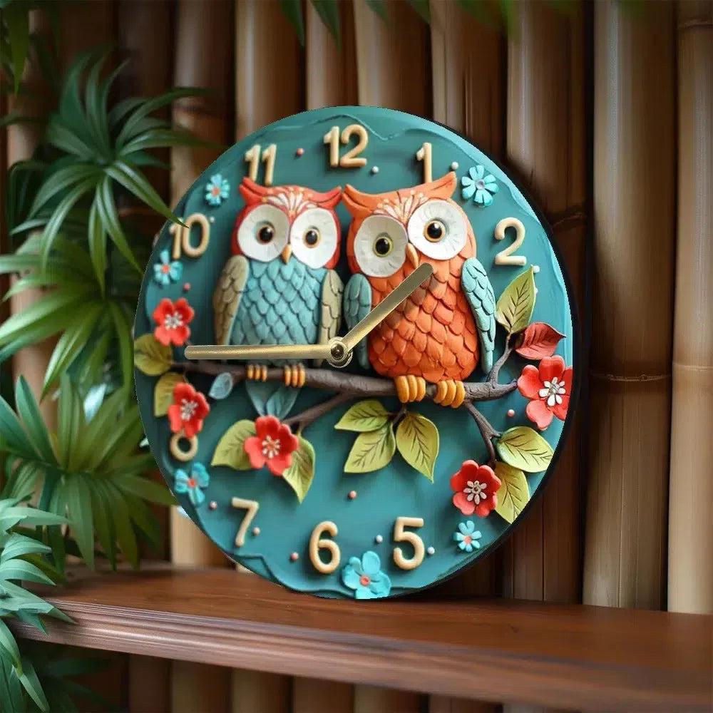 Wooden wall clock with cute owls pattern Pagan home decor-MoonChildWorld