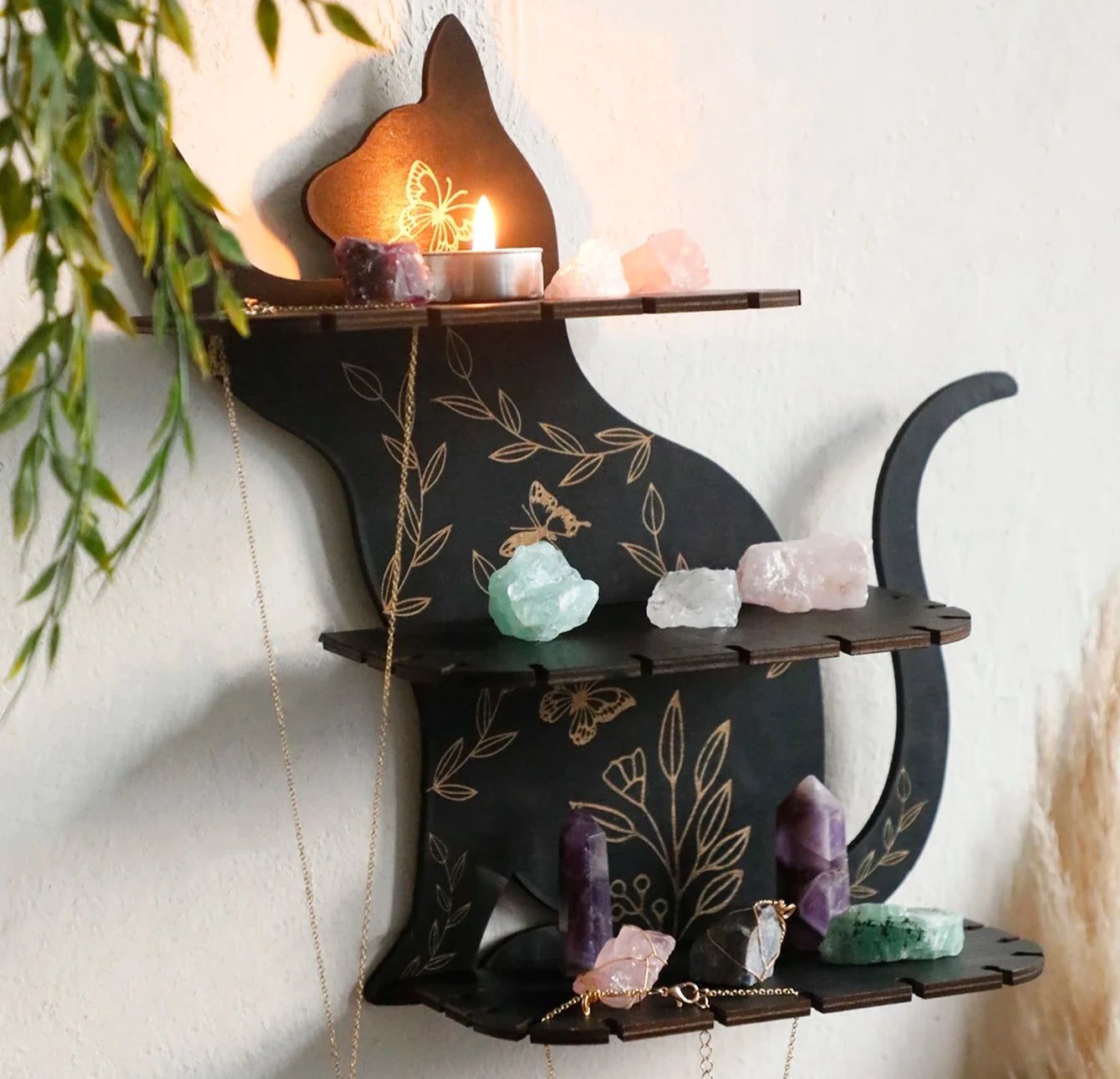 Flower Black cat Crystal Shelf Display Witchy Home Decorations Black Cat Wooden Wall Shelf-MoonChildWorld