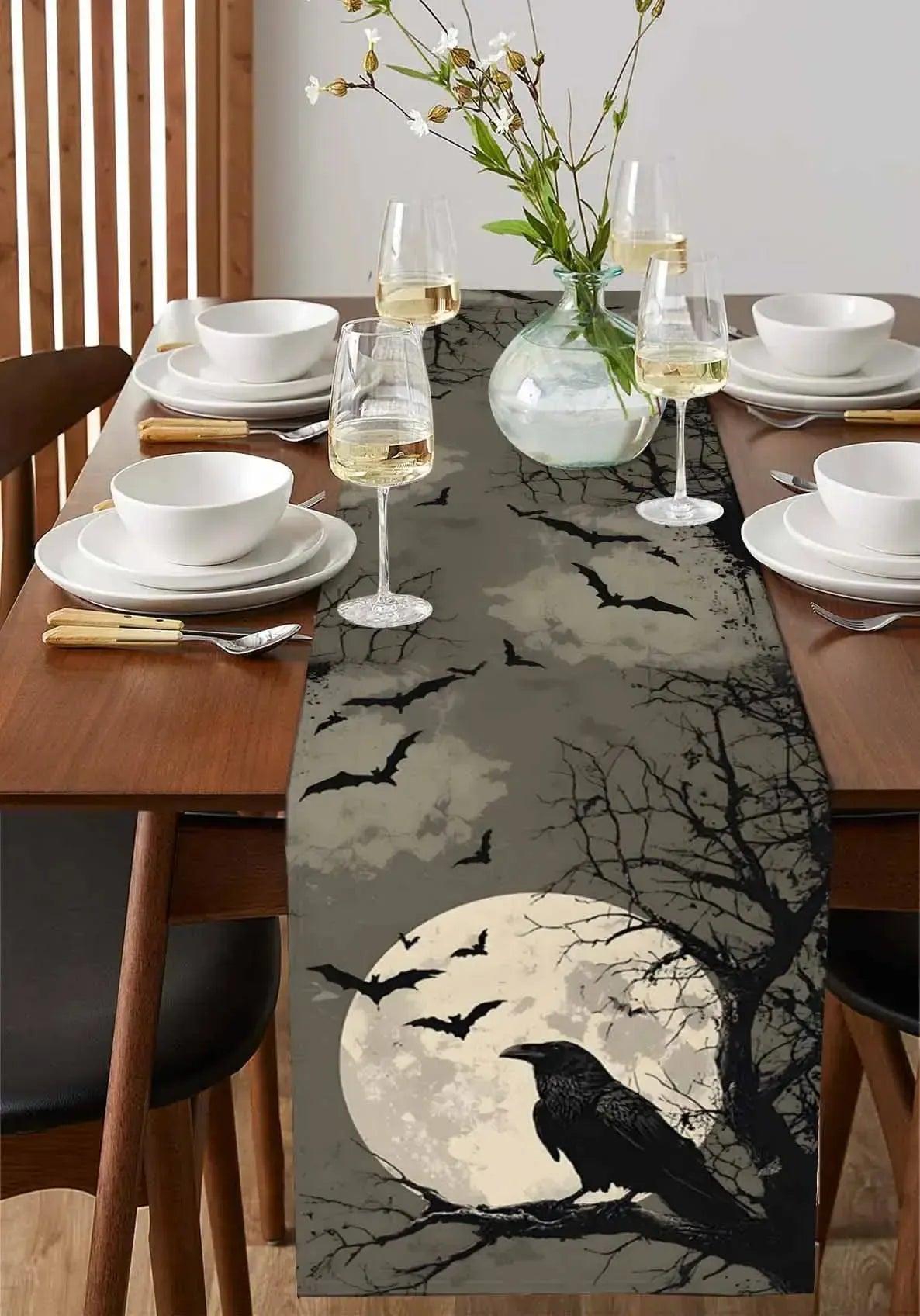 Full Moon and Gothic Crow Table Runner for Halloween Table Decor - Witchy Raven Table Runner-MoonChildWorld