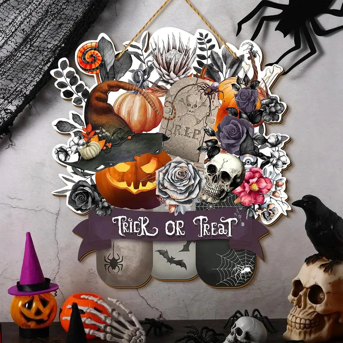 "Trick or Treat" Halloween Wooden Wall Hanging - Witch Welcome Sign Gothic Home Decor-MoonChildWorld