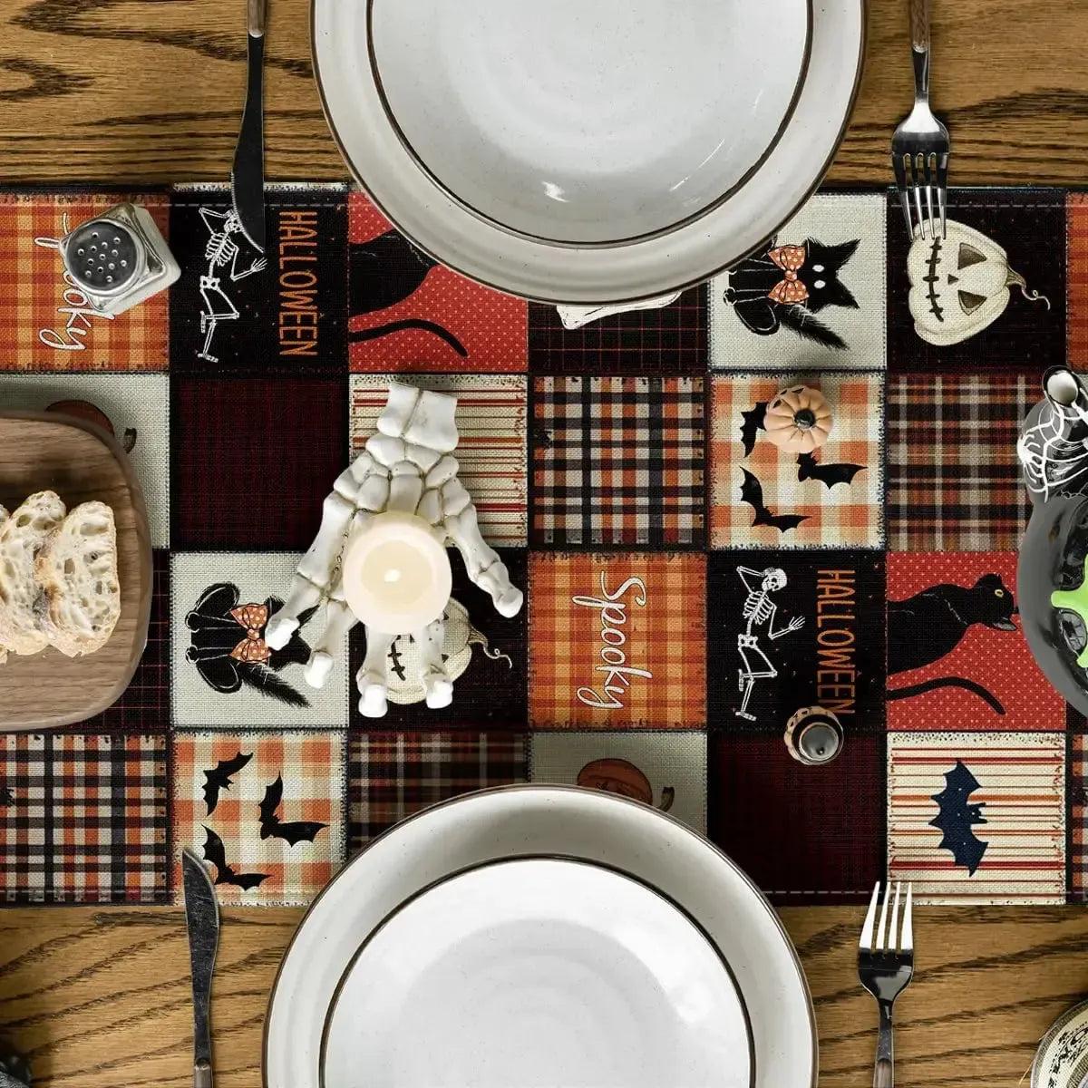 Halloween Black Cats Bat Pumpkins Spooky Linen Table Runner for Gothic Halloween Table Decor-MoonChildWorld