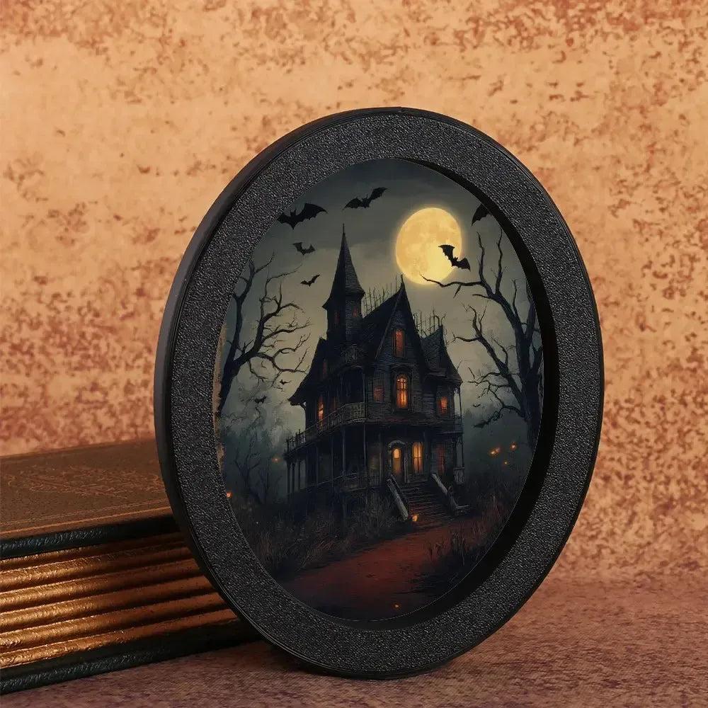 Moon Bats & Haunted House Witch Wooden Oval Frame - Gothic Oval Wall Art - Halloween Wall Decoration-MoonChildWorld