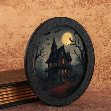 Moon Bats & Haunted House Witch Wooden Oval Frame - Gothic Oval Wall Art - Halloween Wall Decoration