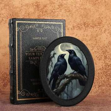 Moonlit Black Crows Wall Art - Witchy Raven Gothic Wooden Oval Frame Halloween Wall Decoration