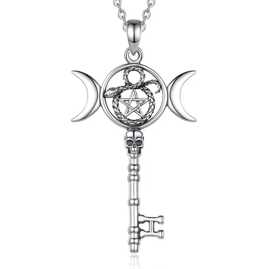 925 Sterling Silver Hecate Triple Moon Goddess Necklace Pentagram Snake Key Pendant Wicca Pagan Jewelry