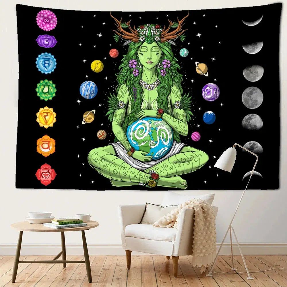 Mother Earth Goddess Tapestry 7 Chakra Moon phases Pagan Tapestry-MoonChildWorld