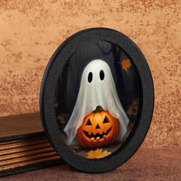 Spooky Ghost with Pumpkin Wooden Oval Frame - Gothic Oval Wall Art Halloween Wall Decoration